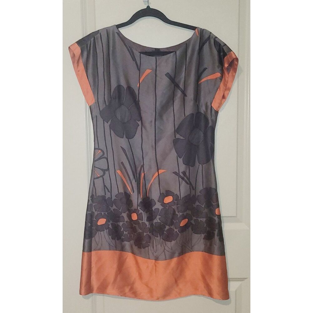 Liquid 100% Silk Floral Shift Dress Gray Black Orange Size 4 USA